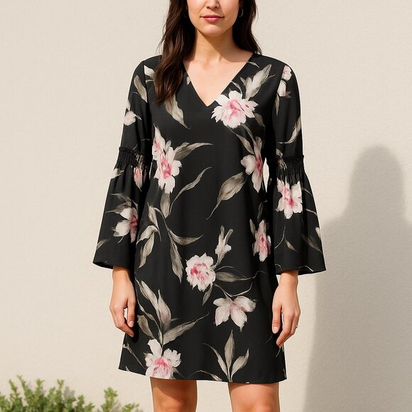 White House Black Market Floral Bell Sleeve Dress — NWT — Size 10P - Picture 1 of 6